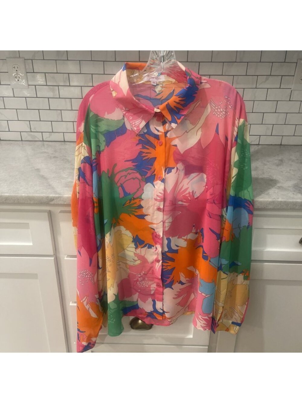 Jess Lea Tunic Shirt Womens 3X Pink Floral Button Up Long Sleeve Top Sheer Boho